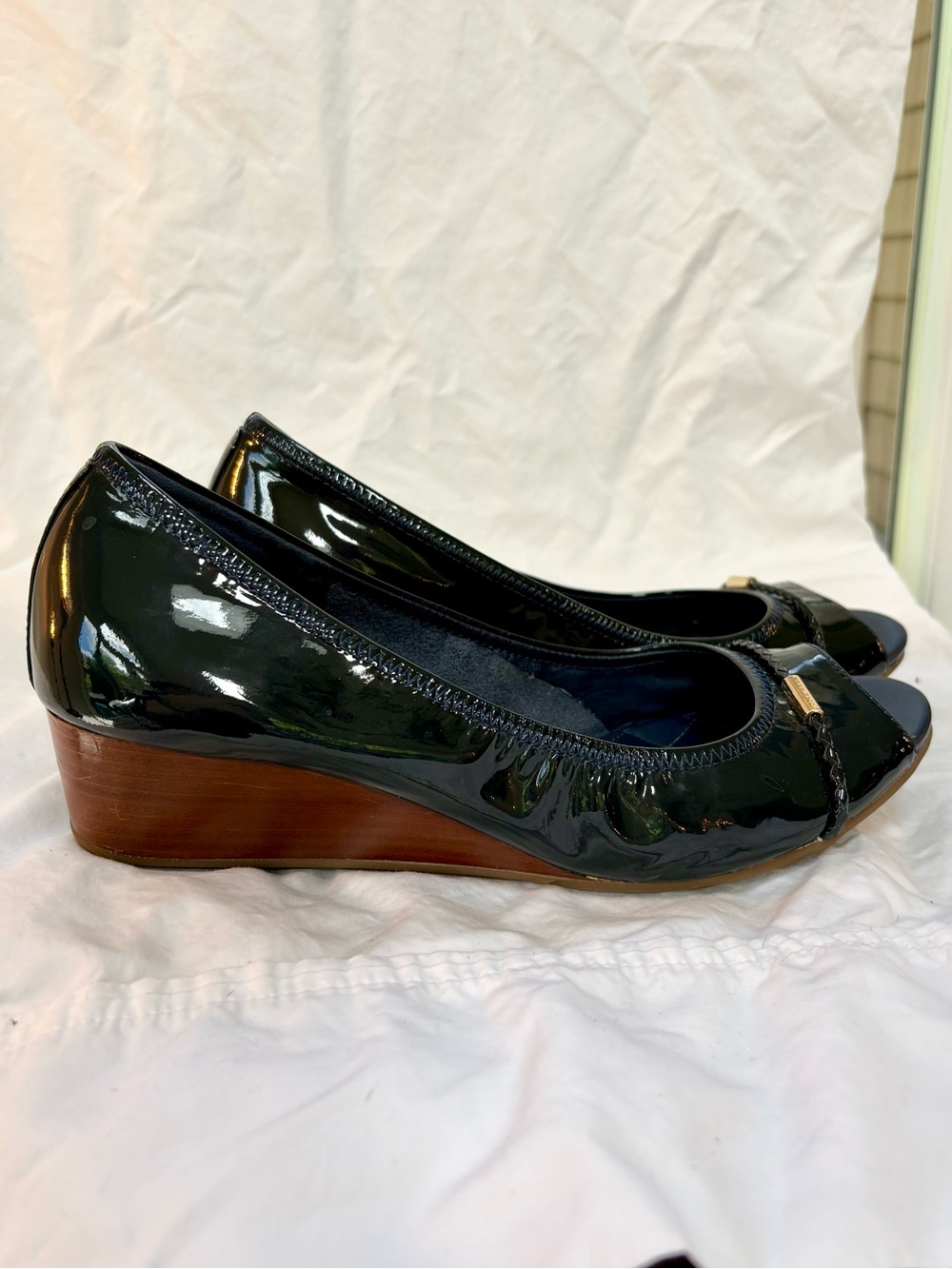 Cole Haan Teal Patent Leather Open-Toe Wedge Pumps